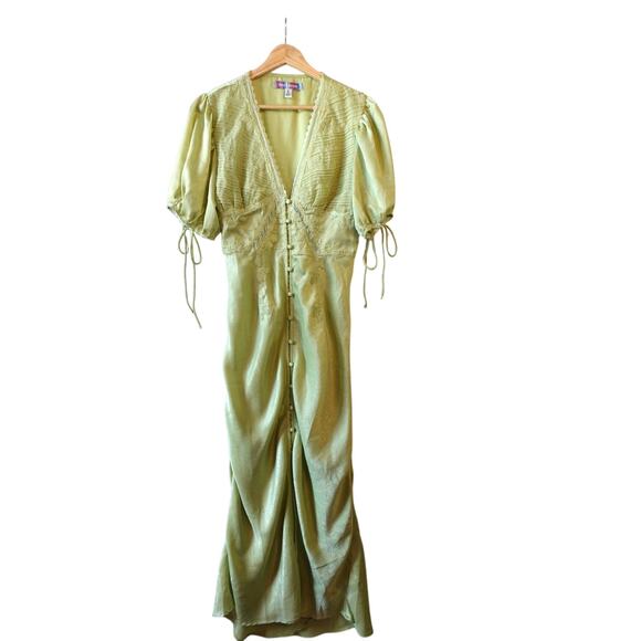 Y2K Dress Small Green Embroidered Satin Slip Lace Indie Fairy Grunge Romantic UO - Picture 2 of 9